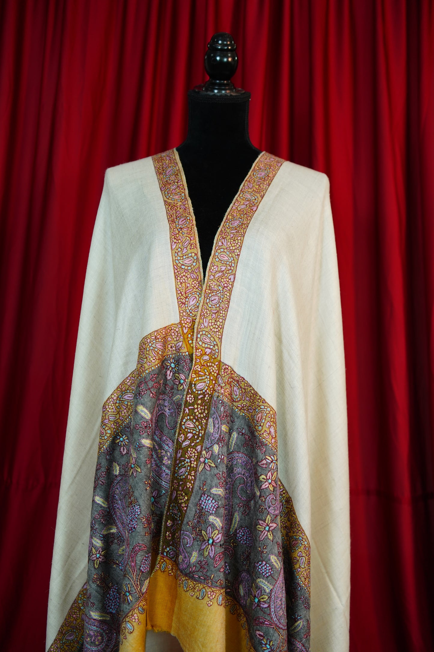 off white multicoloured GI embroidery pashmina shawl 9692