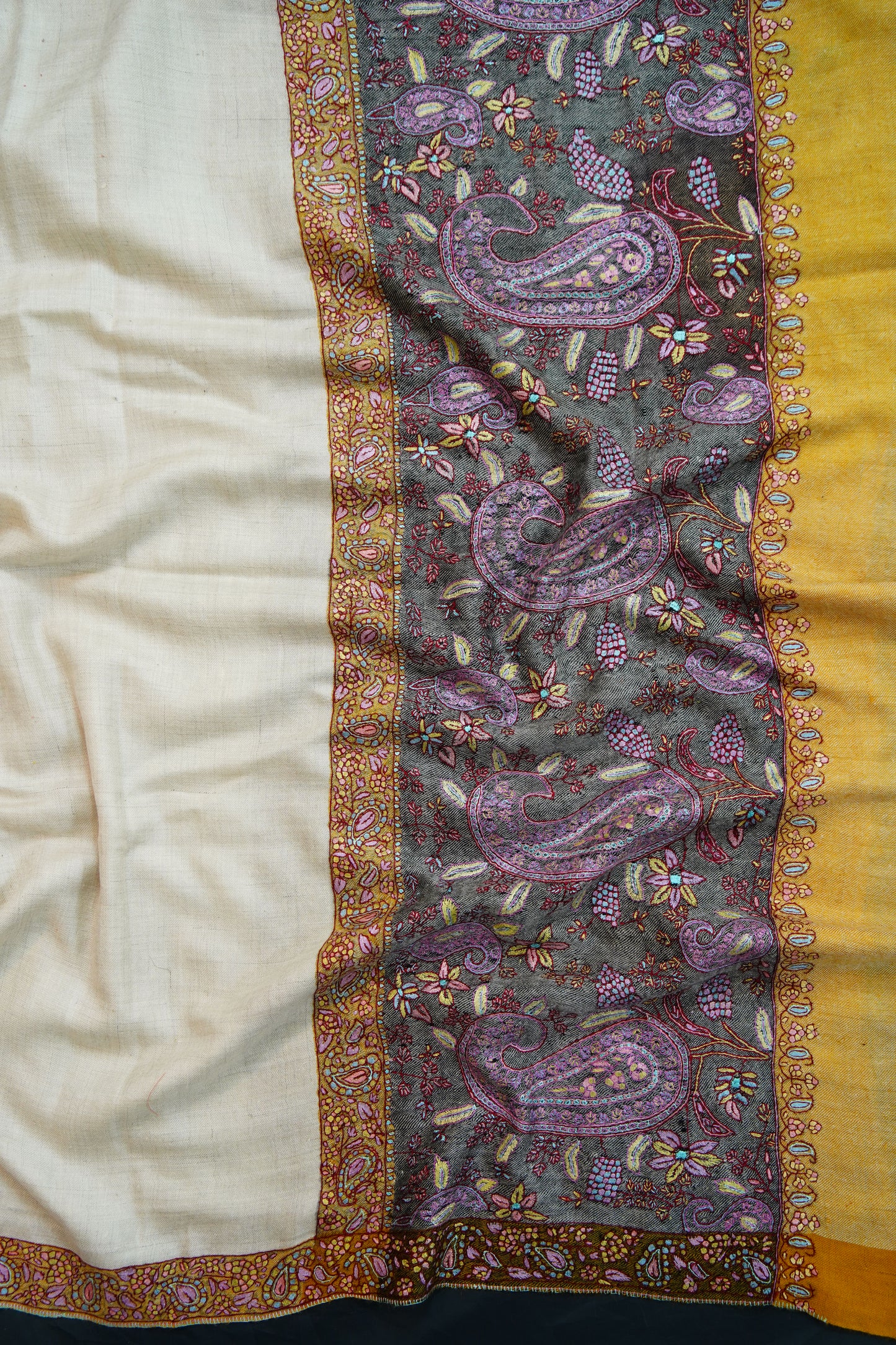 off white multicoloured GI embroidery pashmina shawl 9692