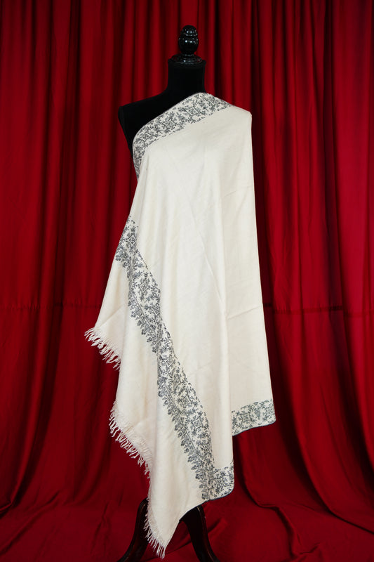 pure white GI embroidery Pashmina shawl 9713