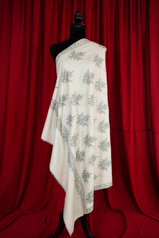 pure white butis GI embroidery pashmina shawl 9718