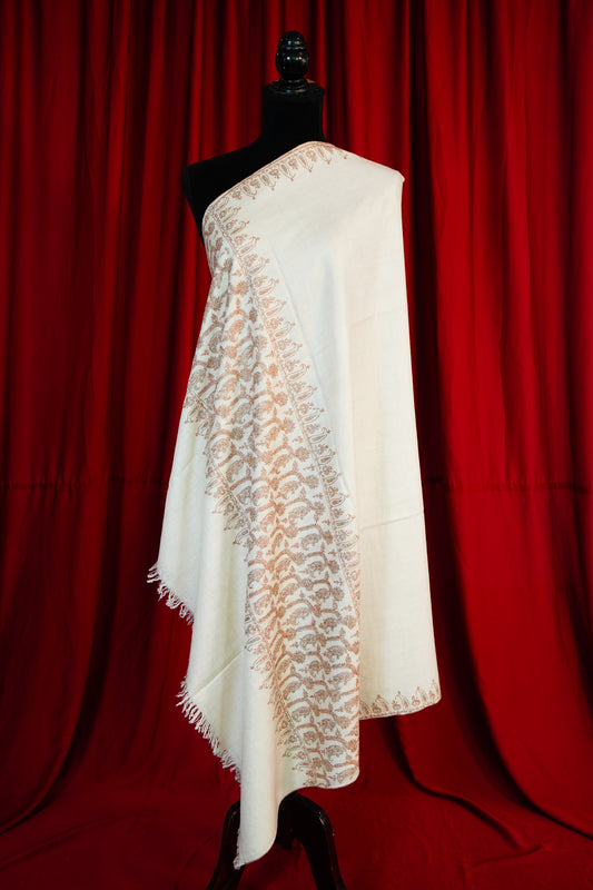 pure white GI embroidery pashmina shawl 9744