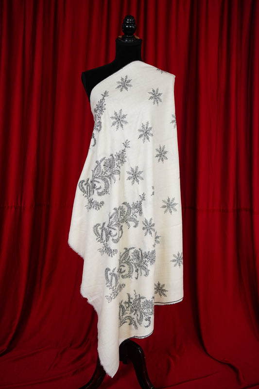 pure white GI butis embroidery pashmina shawl 9761