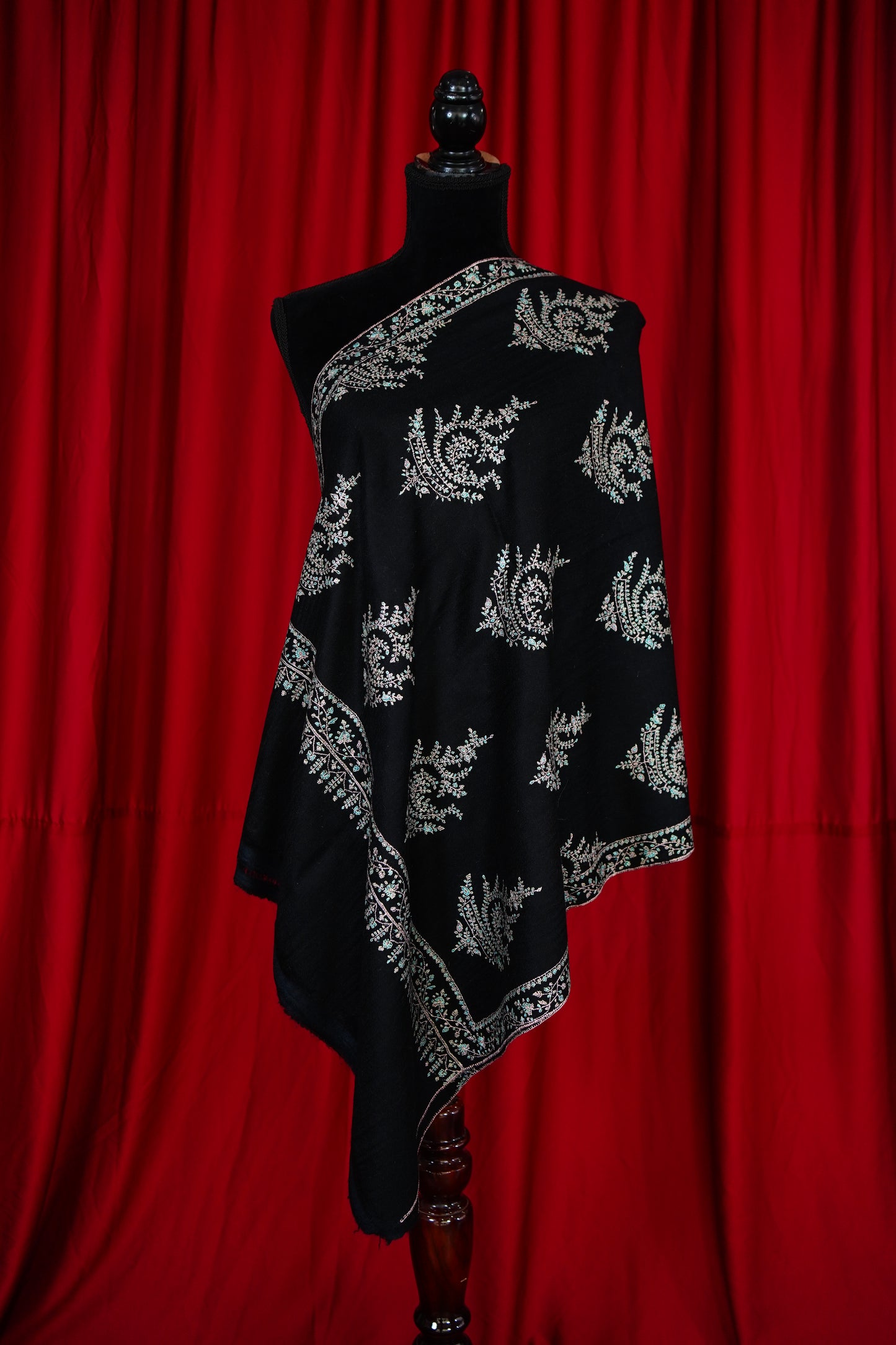 jet black handspun GI butis embroidery pashmina stole 9763
