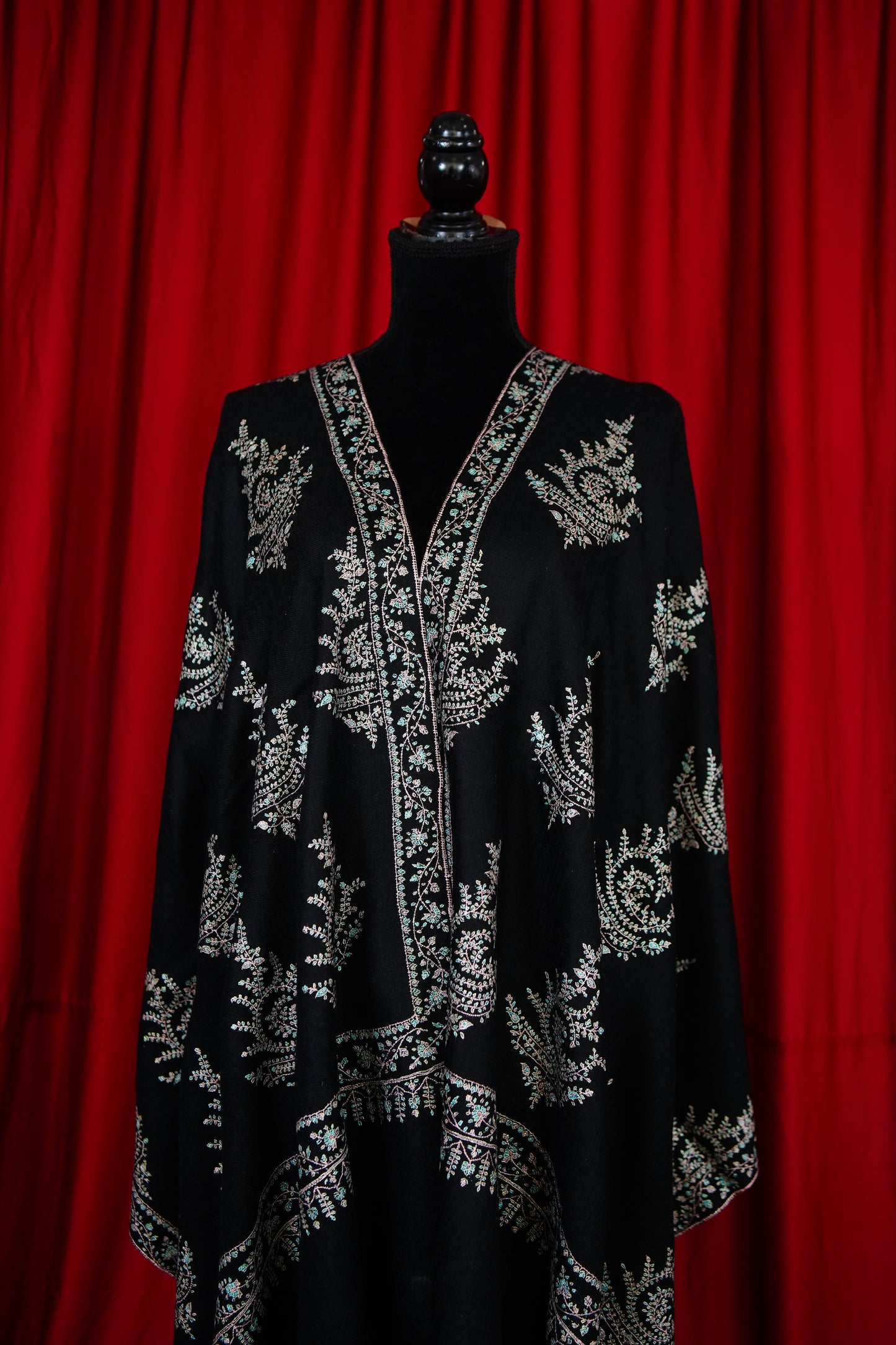 jet black handspun GI butis embroidery pashmina stole 9763