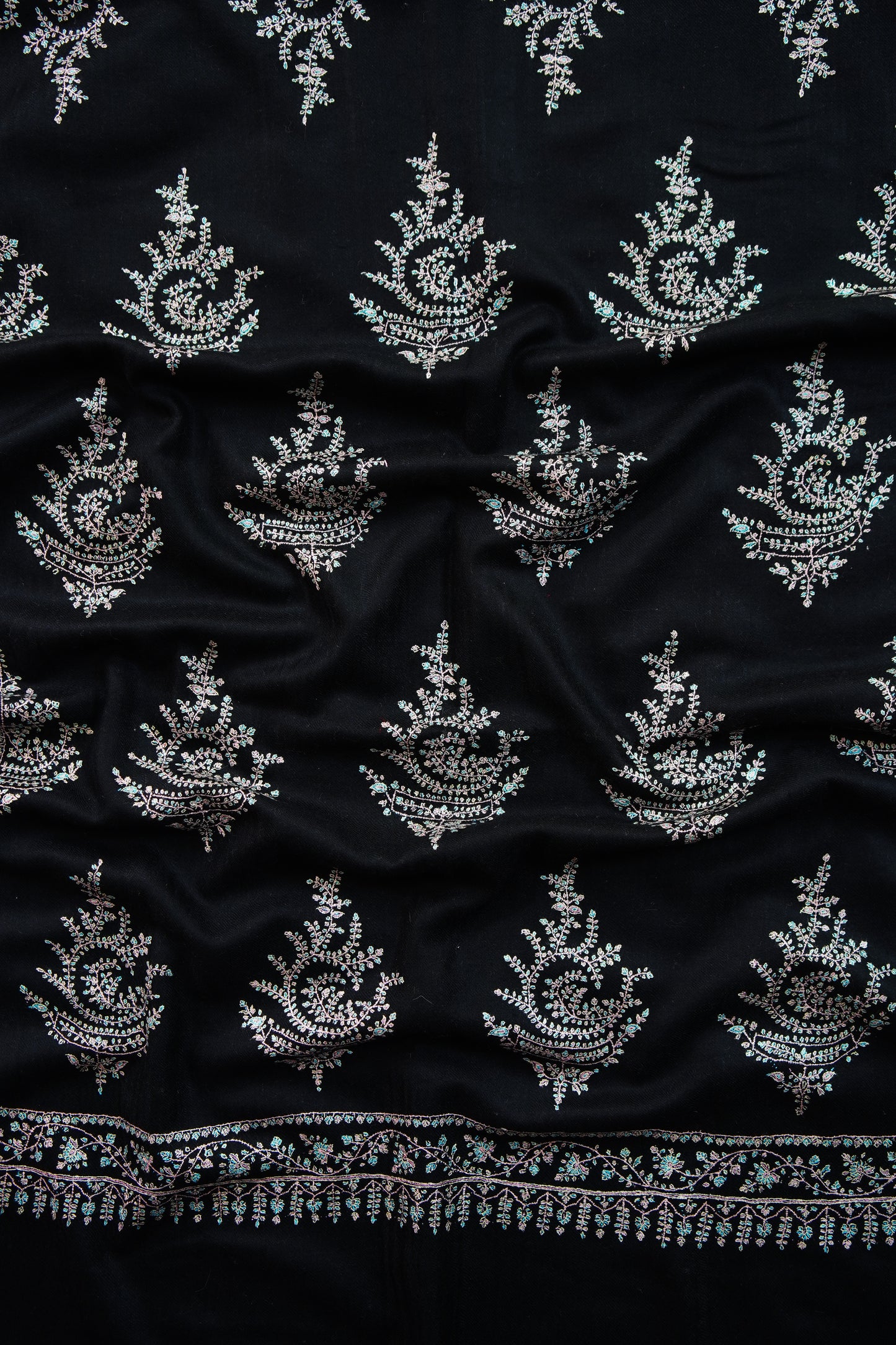 jet black handspun GI butis embroidery pashmina stole 9763