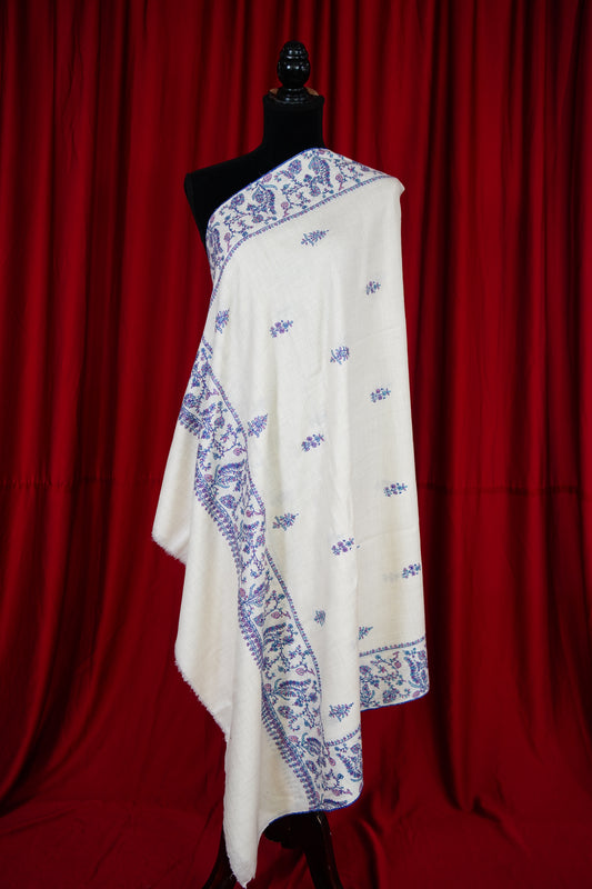 pure white GI butis embroidery pashmina shawl 9765