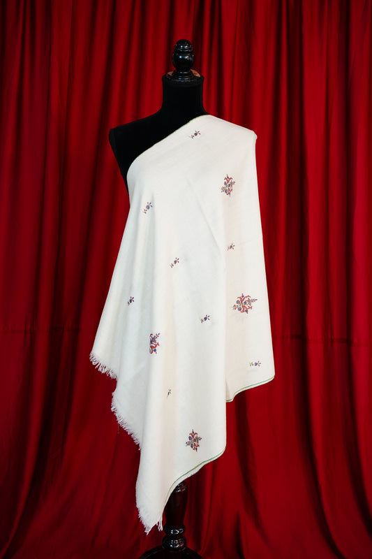 pure white butis GI embroidery pashmina stole 9802