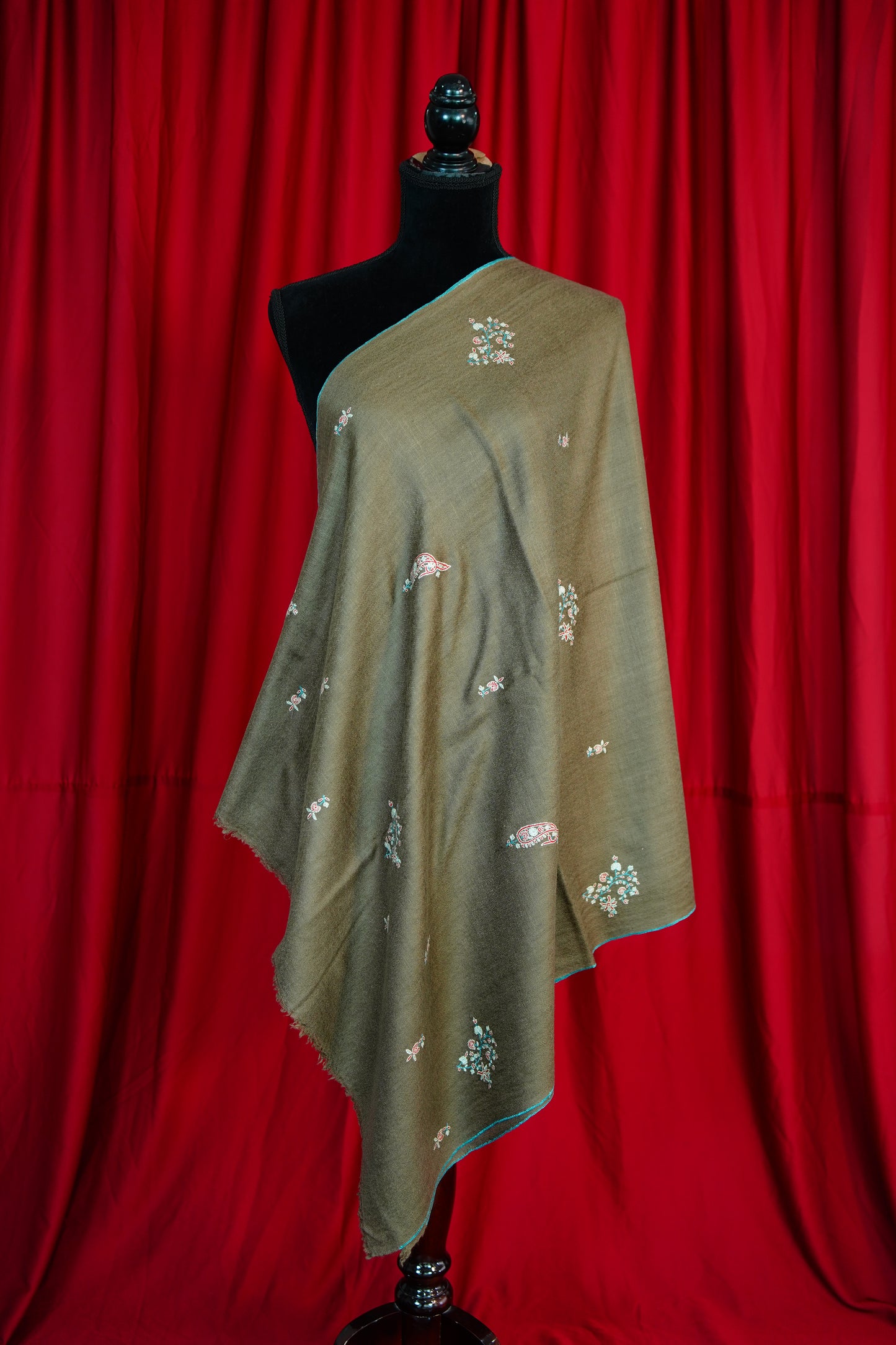 dark natural butis GI embroidery pashmina stole 9803