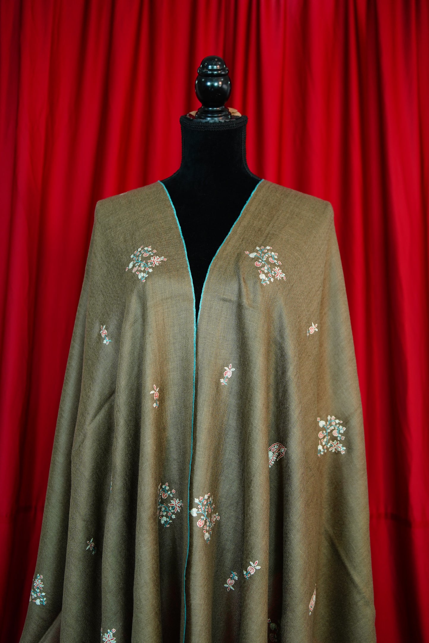 dark natural butis GI embroidery pashmina stole 9803