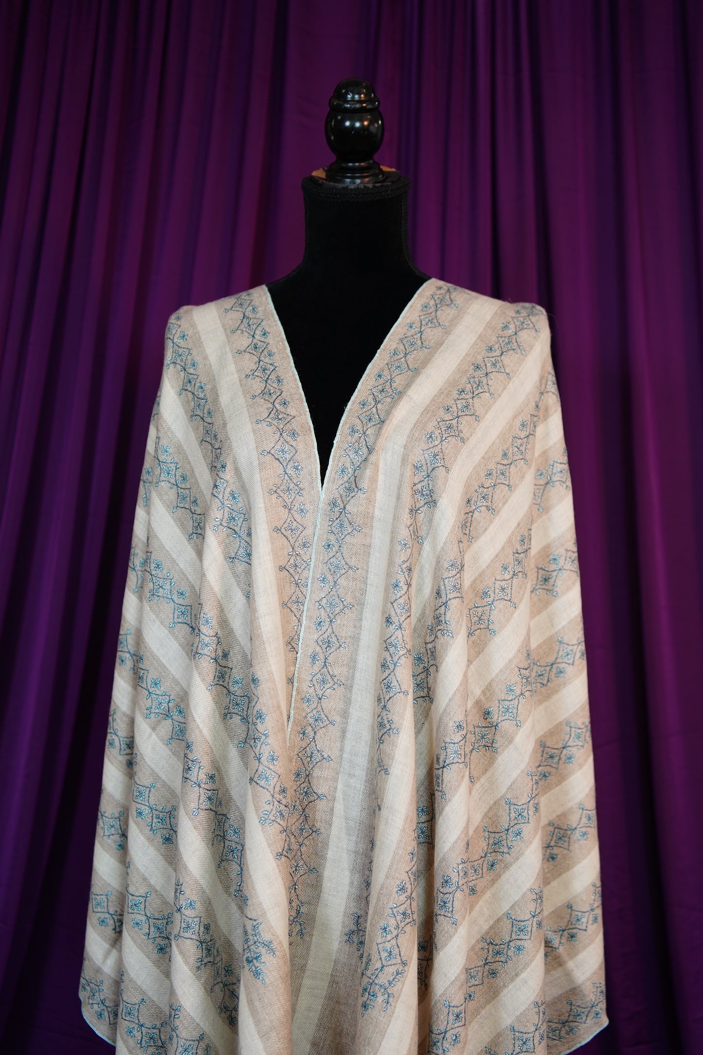 white and natural striped GI handspun embroidery pashmina stole 9817