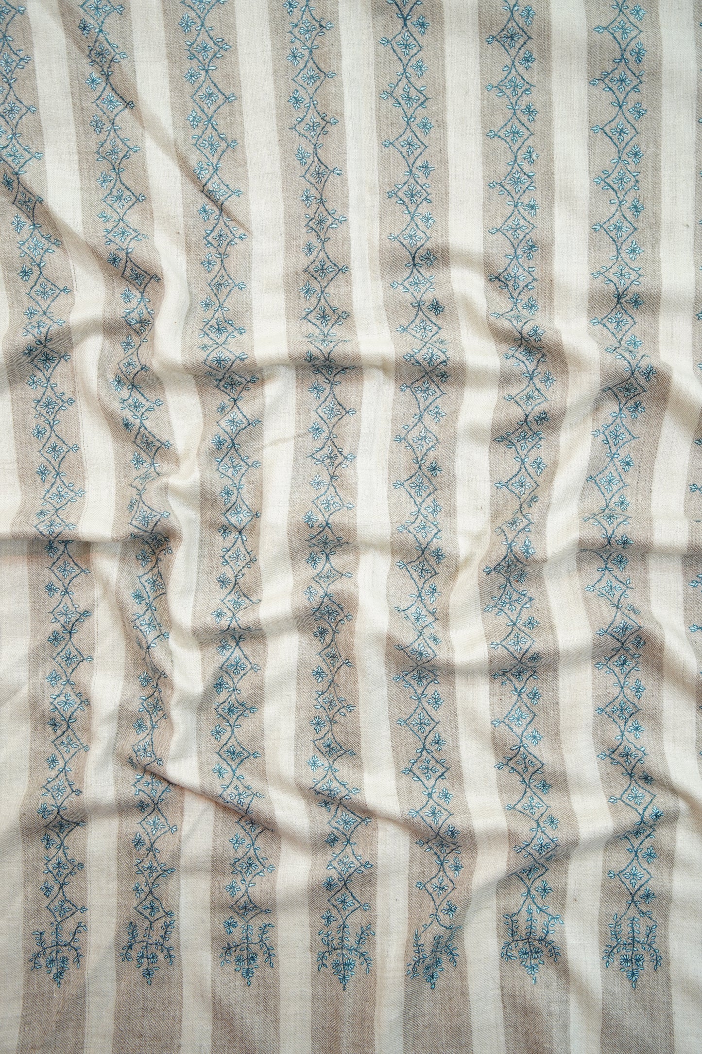 white and natural striped GI handspun embroidery pashmina stole 9817