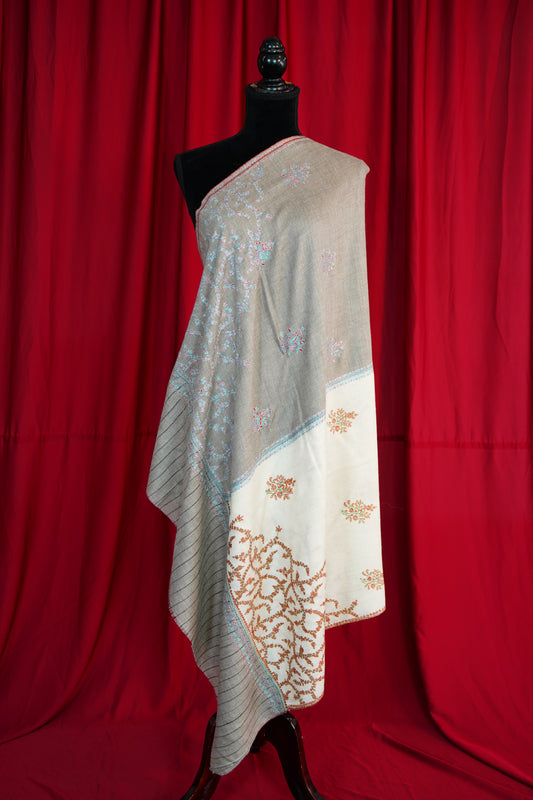 natural and white GI embroidery pashmina shawl 9820