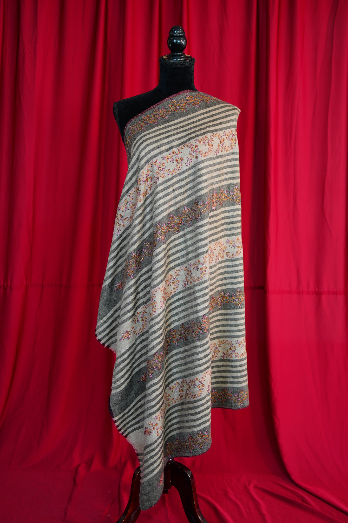 natural and black striped GI embroidery pashmina shawl 9822