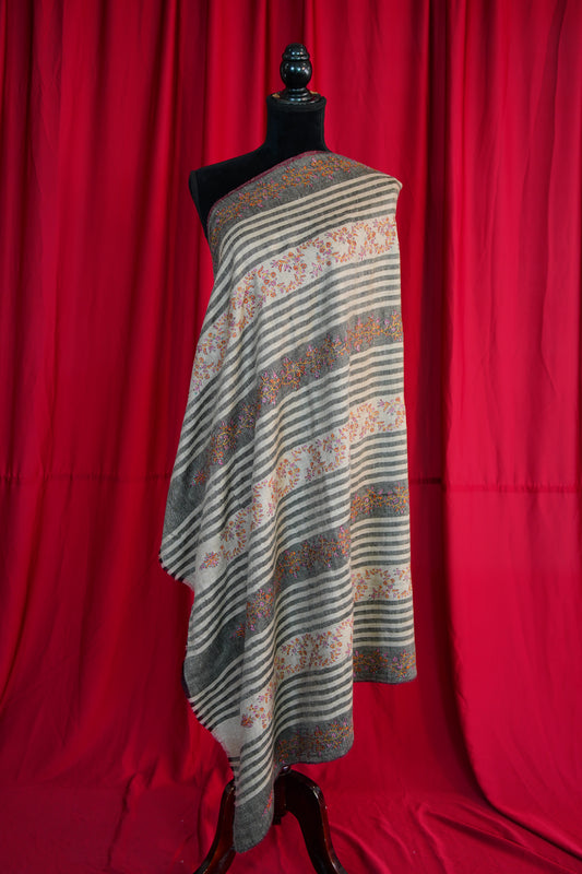 natural and black striped GI embroidery pashmina shawl 9822