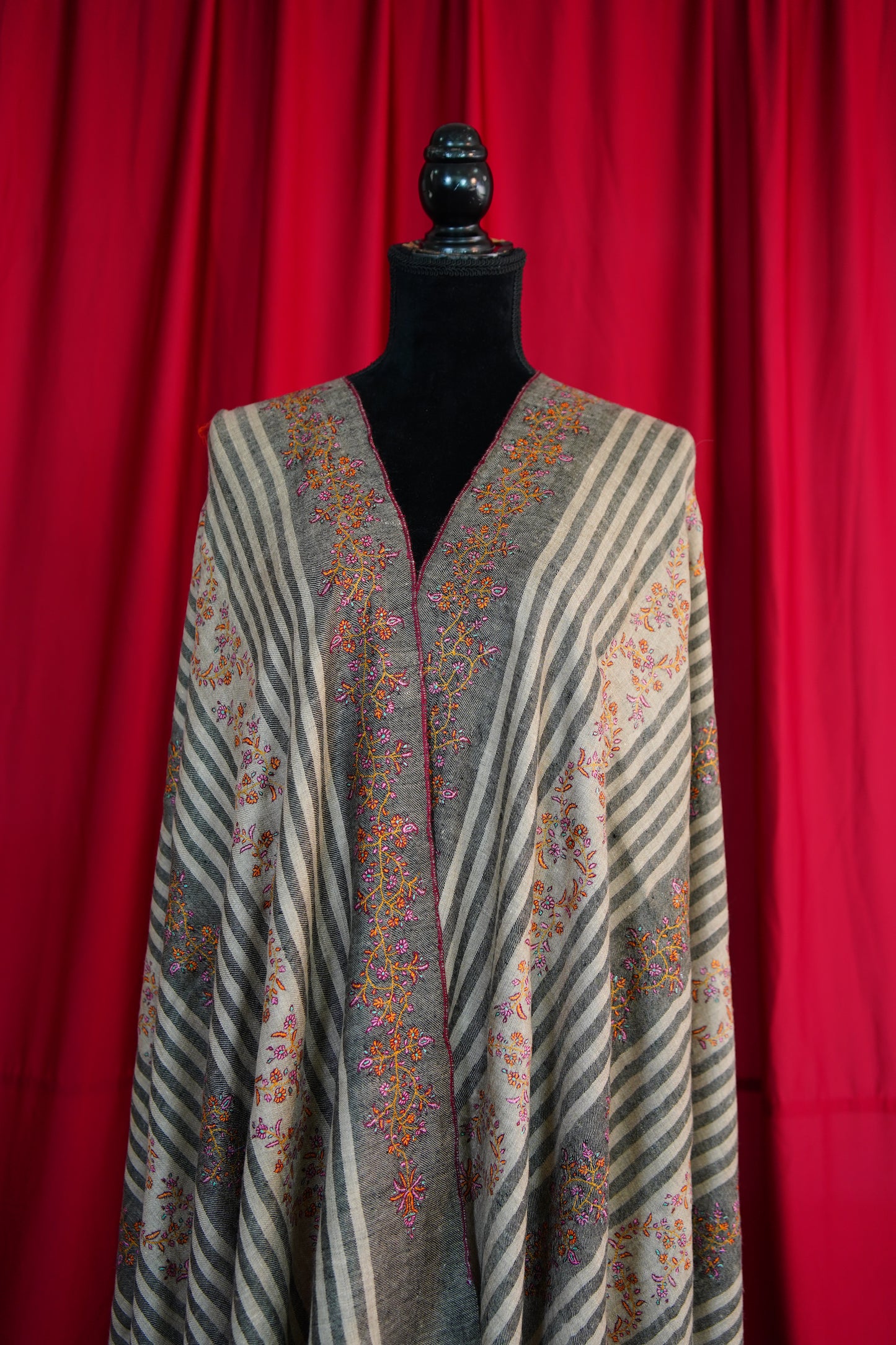 natural and black striped GI embroidery pashmina shawl 9822