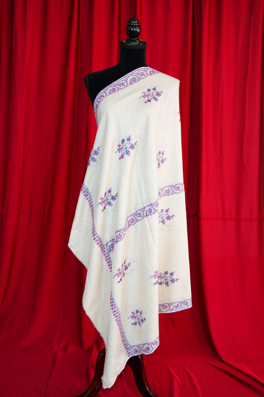 white butis GI embroidery pashmina shawl 9823
