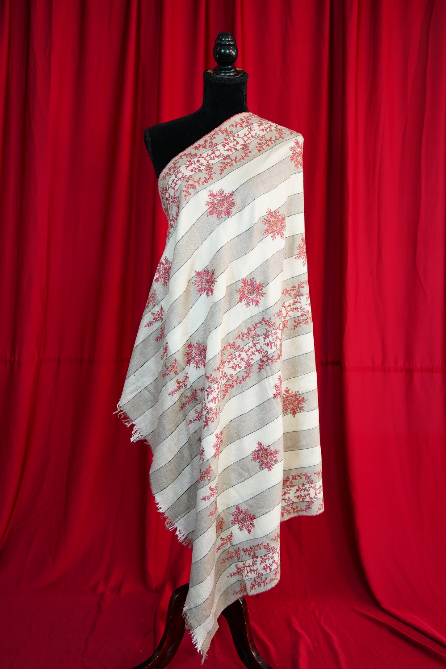 natural and white striped GI embroidery pashmina shawl 9824