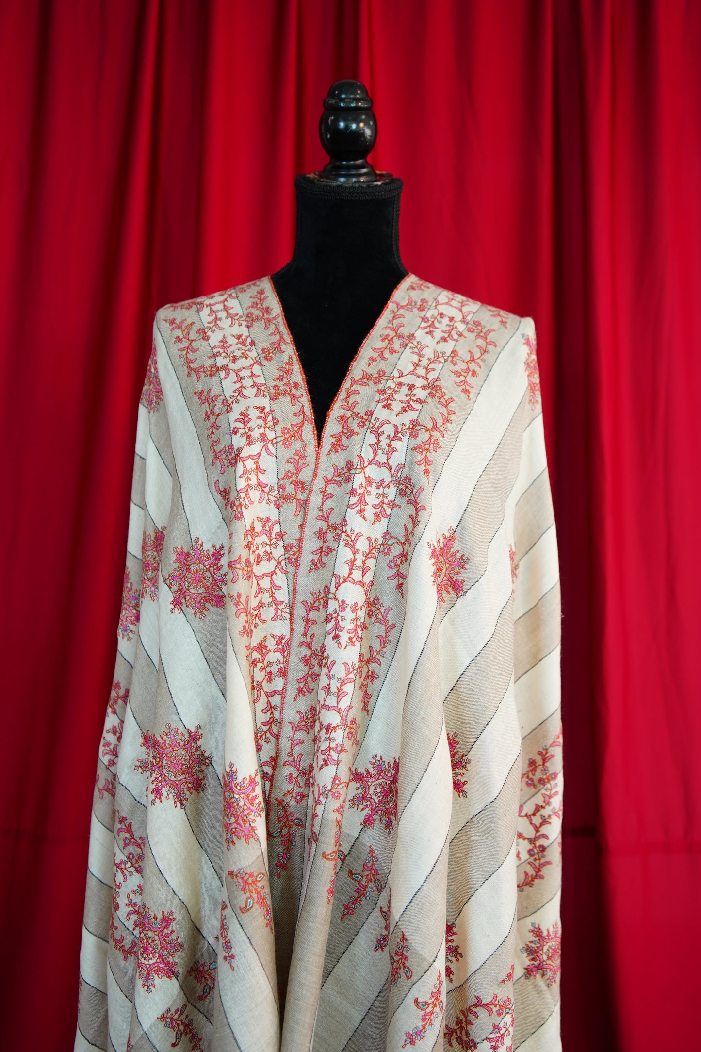 natural and white striped GI embroidery pashmina shawl 9824