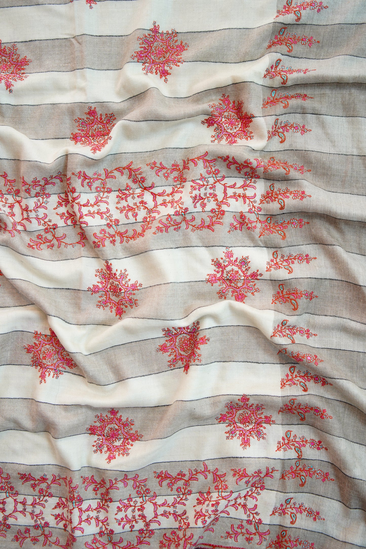 natural and white striped GI embroidery pashmina shawl 9824