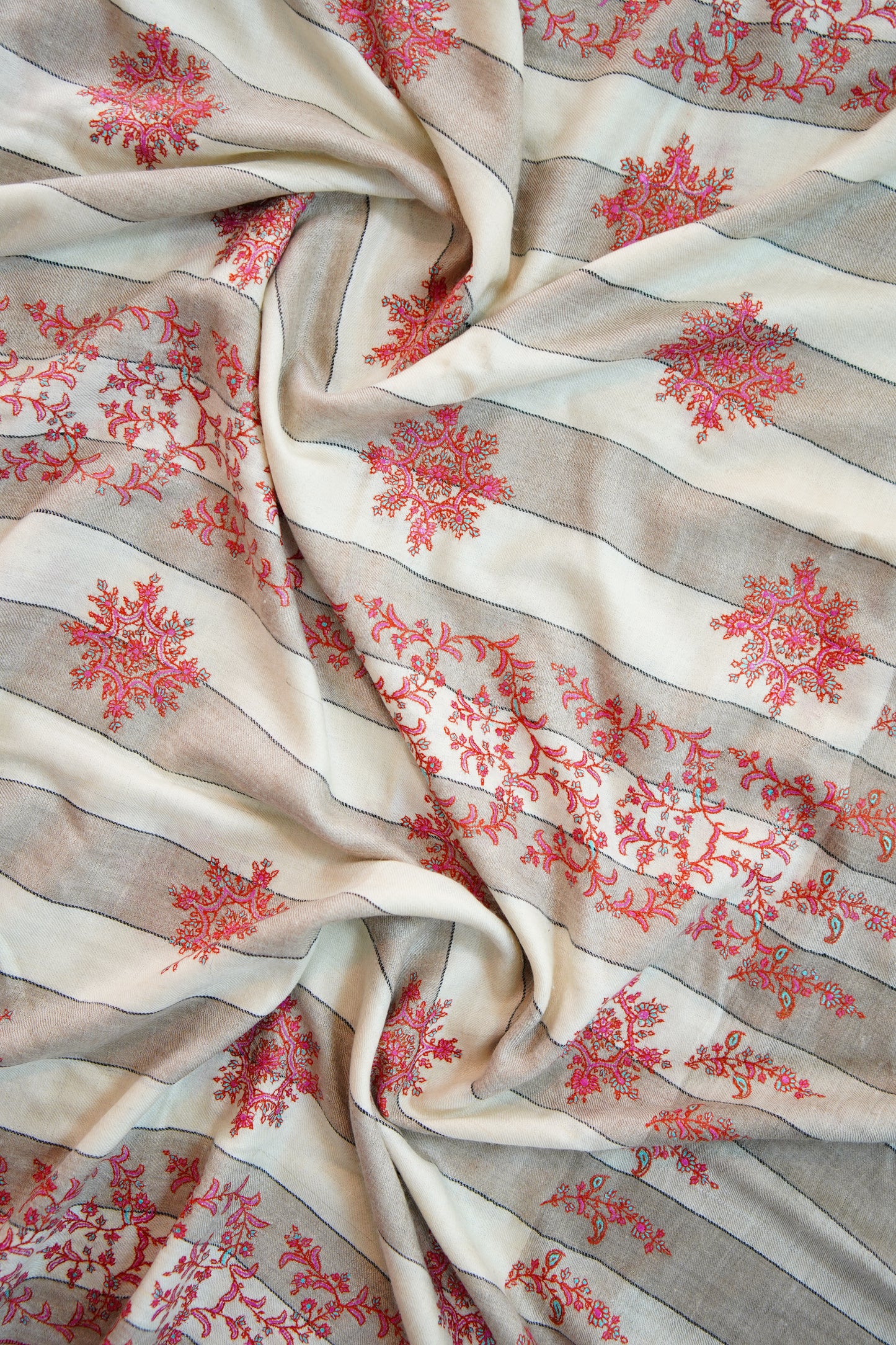 natural and white striped GI embroidery pashmina shawl 9824