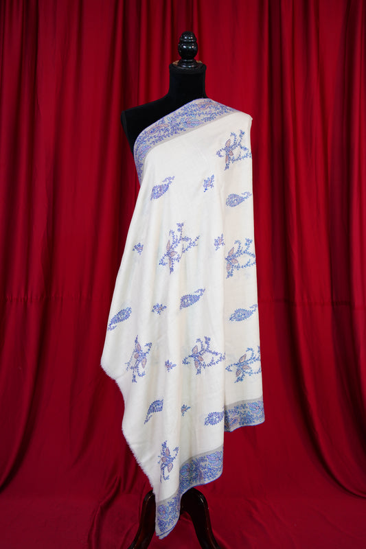 white GI butis embroidery pashmina shawl 9833