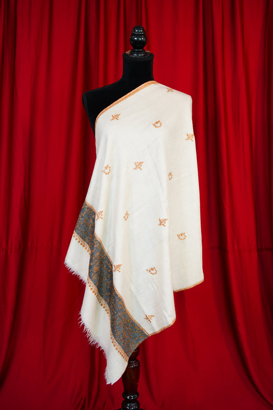 pure white GI butis embroidery pashmina stole 9837