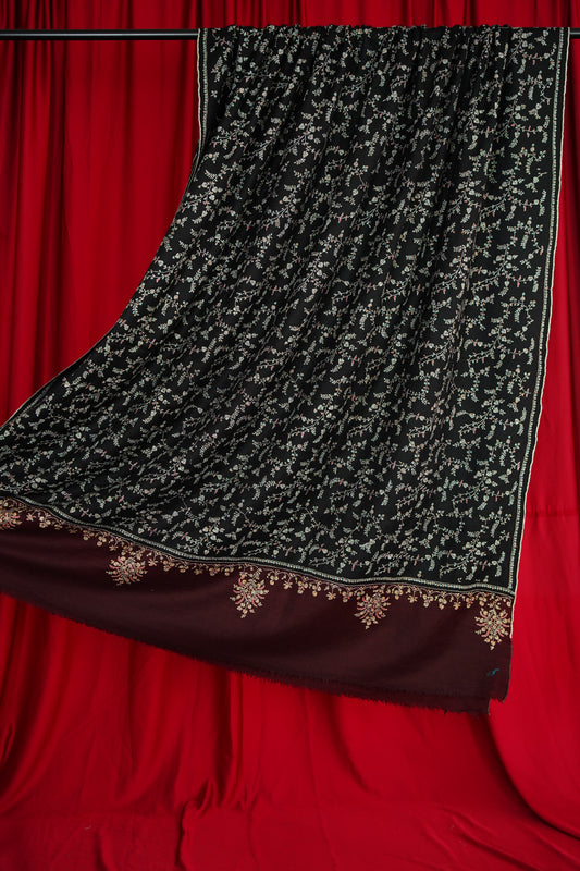 black and mahogany XL GI embroidery pashmina shawl 9847