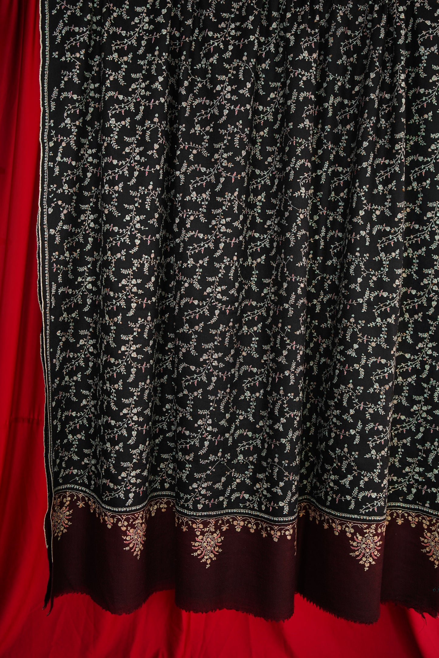black and mahogany XL GI embroidery pashmina shawl 9847