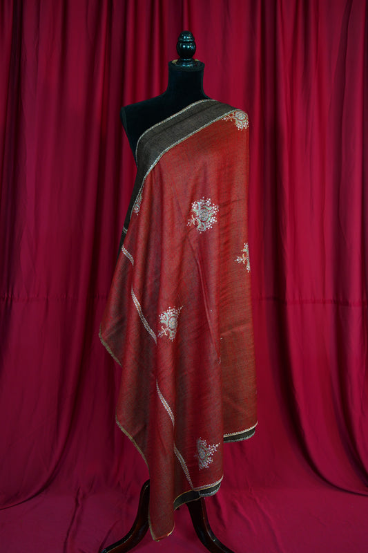barn red and brown reversible GI embroidery pashmina shawl 9852
