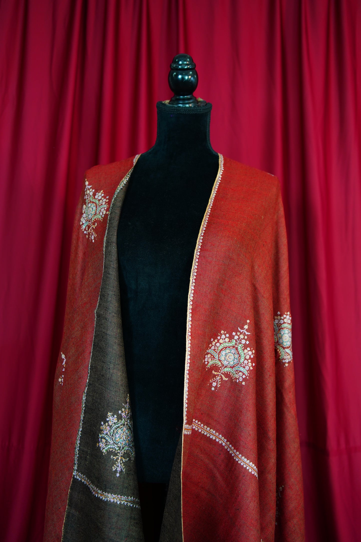 barn red and brown reversible GI embroidery pashmina shawl 9852