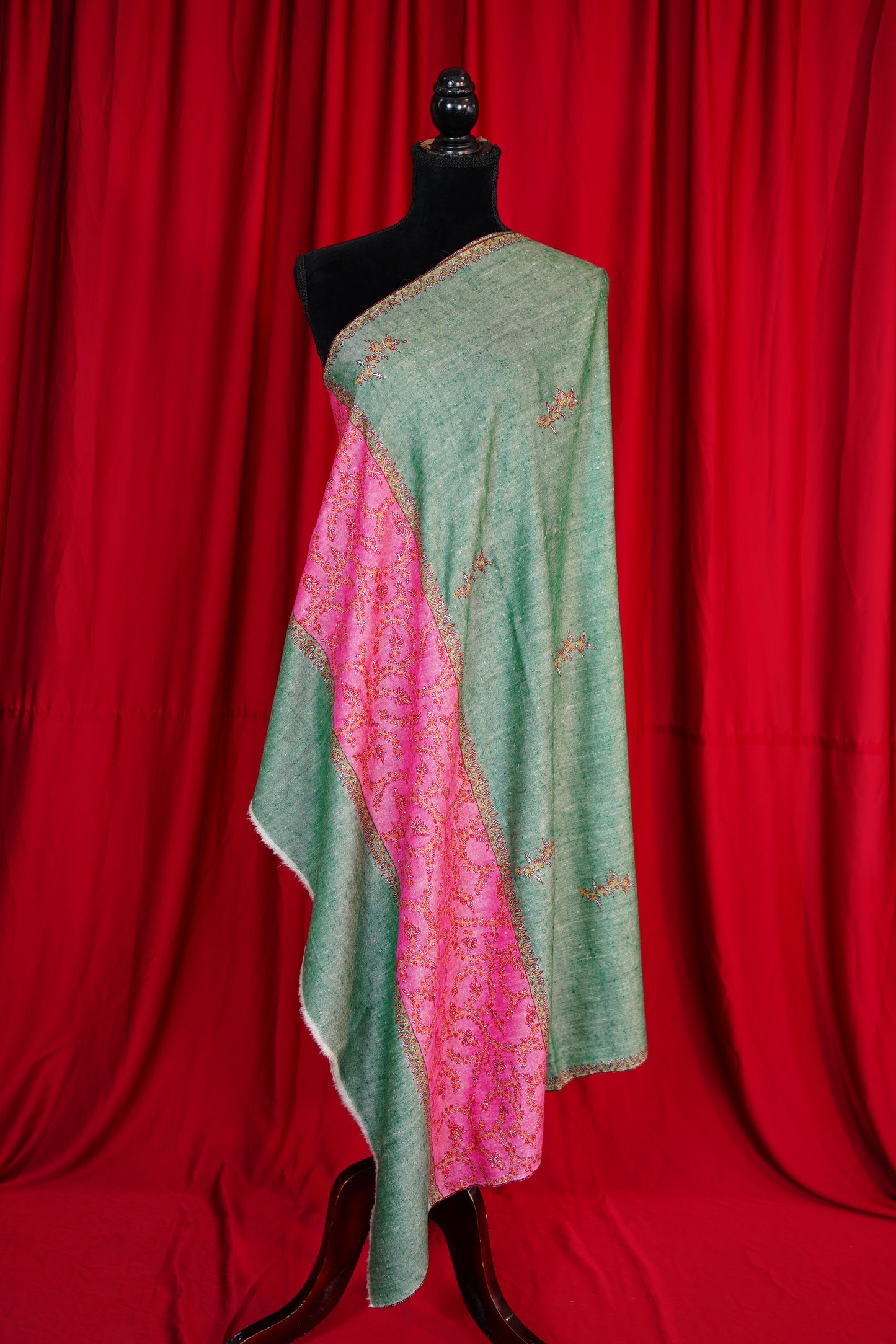 sea green and pink GI embroidery pashmina shawl 9854
