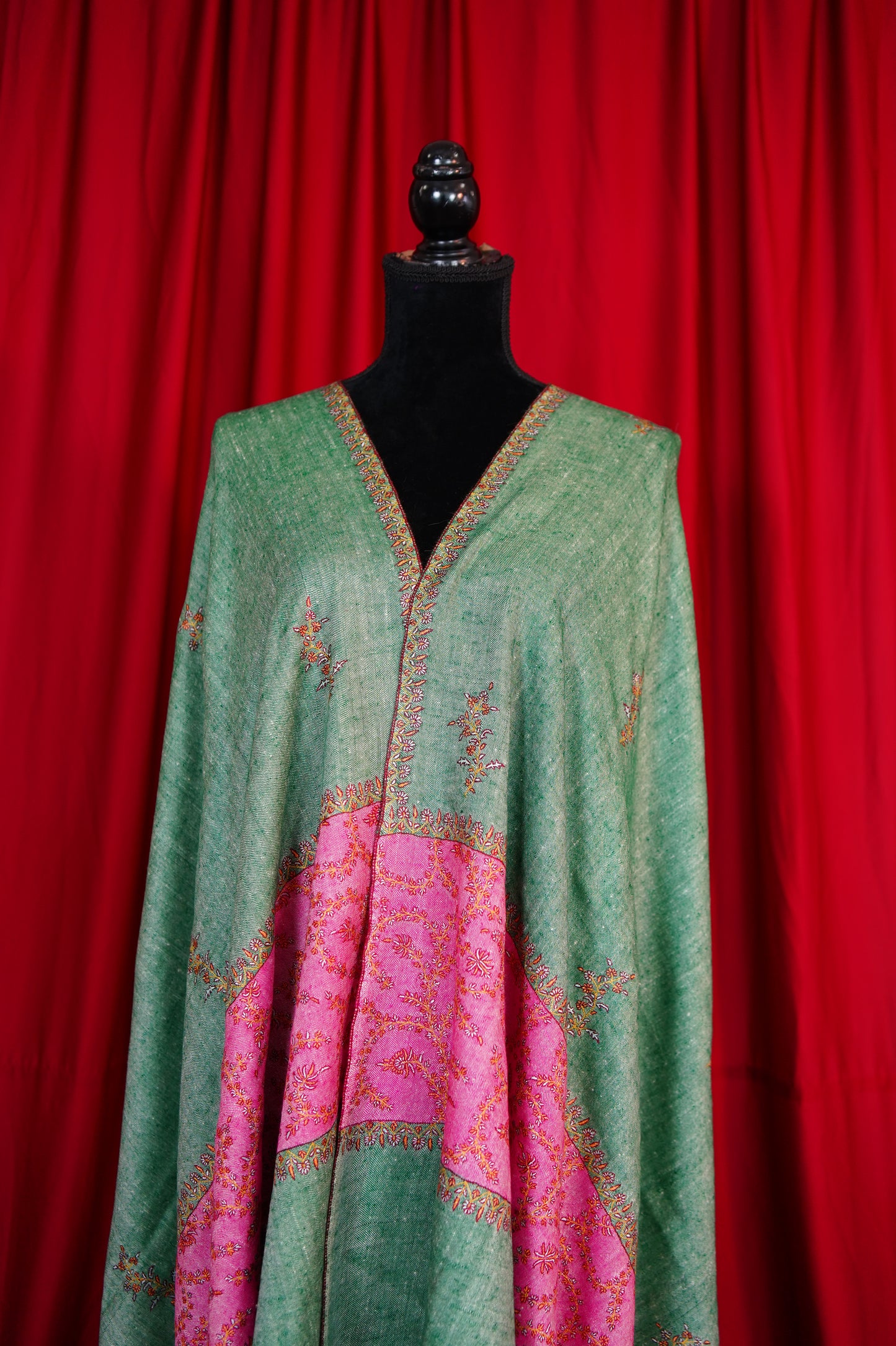 sea green and pink GI embroidery pashmina shawl 9854