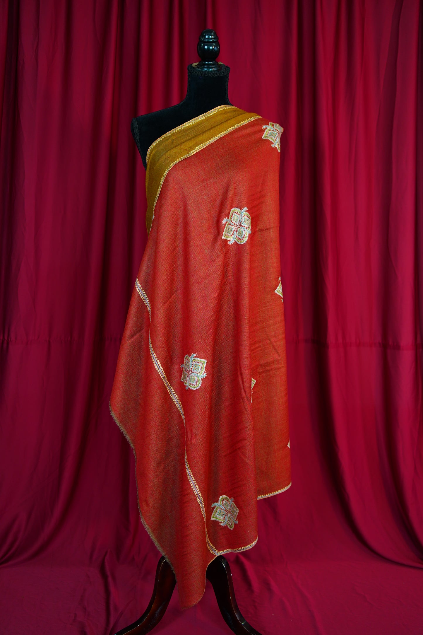 crimson red and mustard reversible GI embroidery pashmina shawl 9855