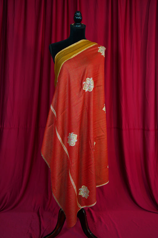 crimson red and mustard reversible GI embroidery pashmina shawl 9855