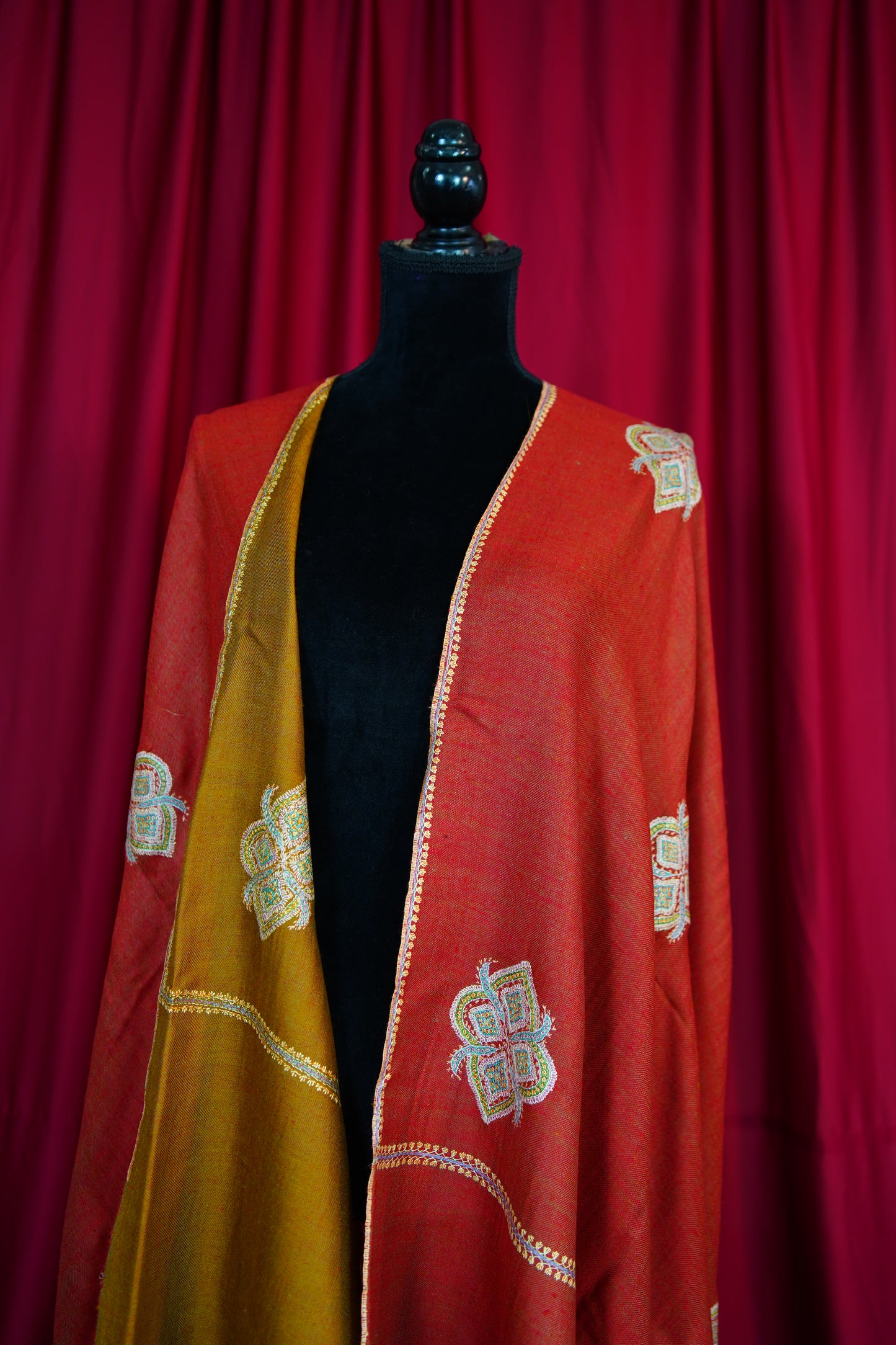 crimson red and mustard reversible GI embroidery pashmina shawl 9855