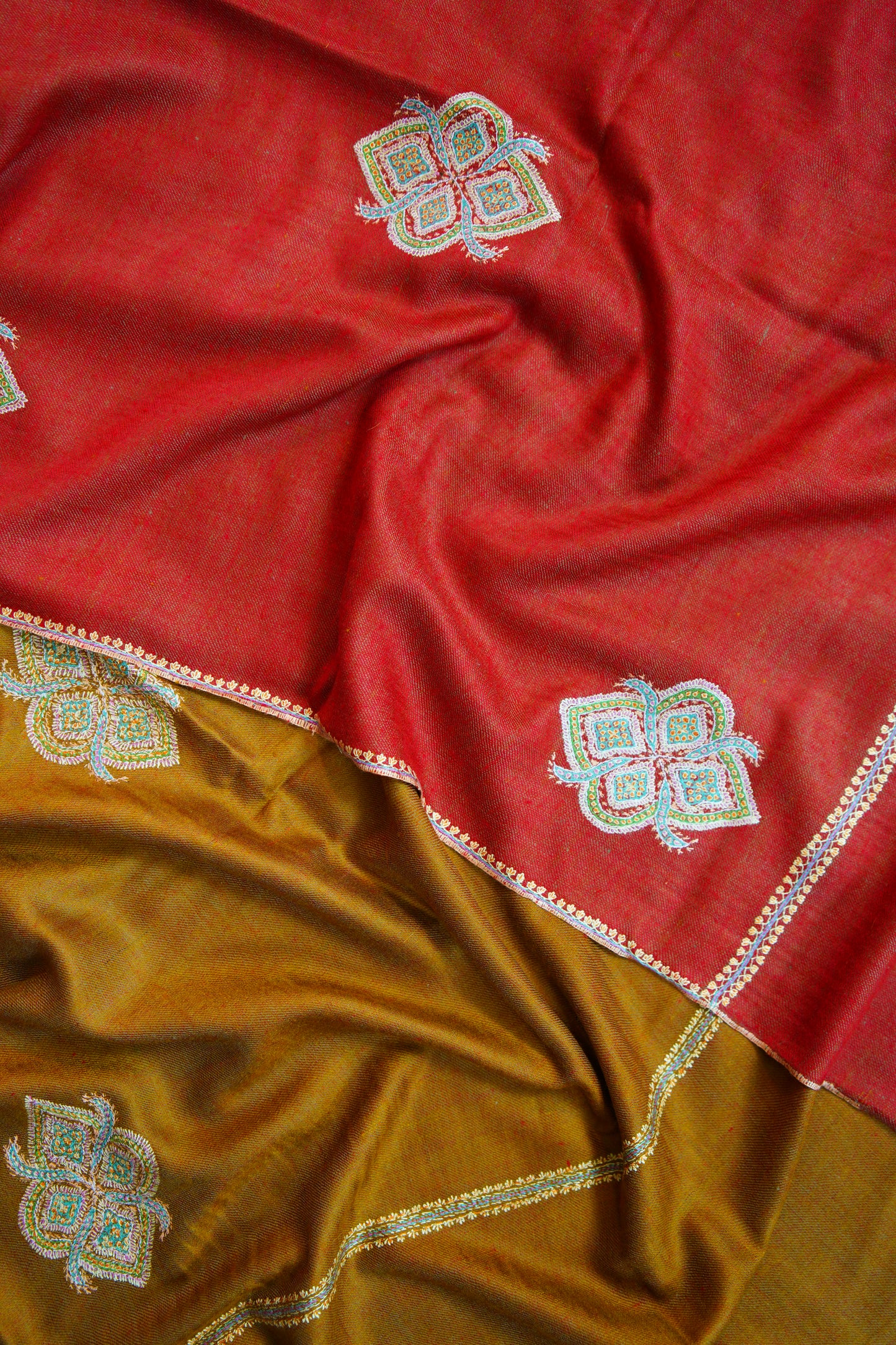 crimson red and mustard reversible GI embroidery pashmina shawl 9855