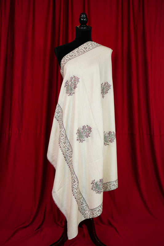 creamy white GI butis embroidery pashmina shawl 9858