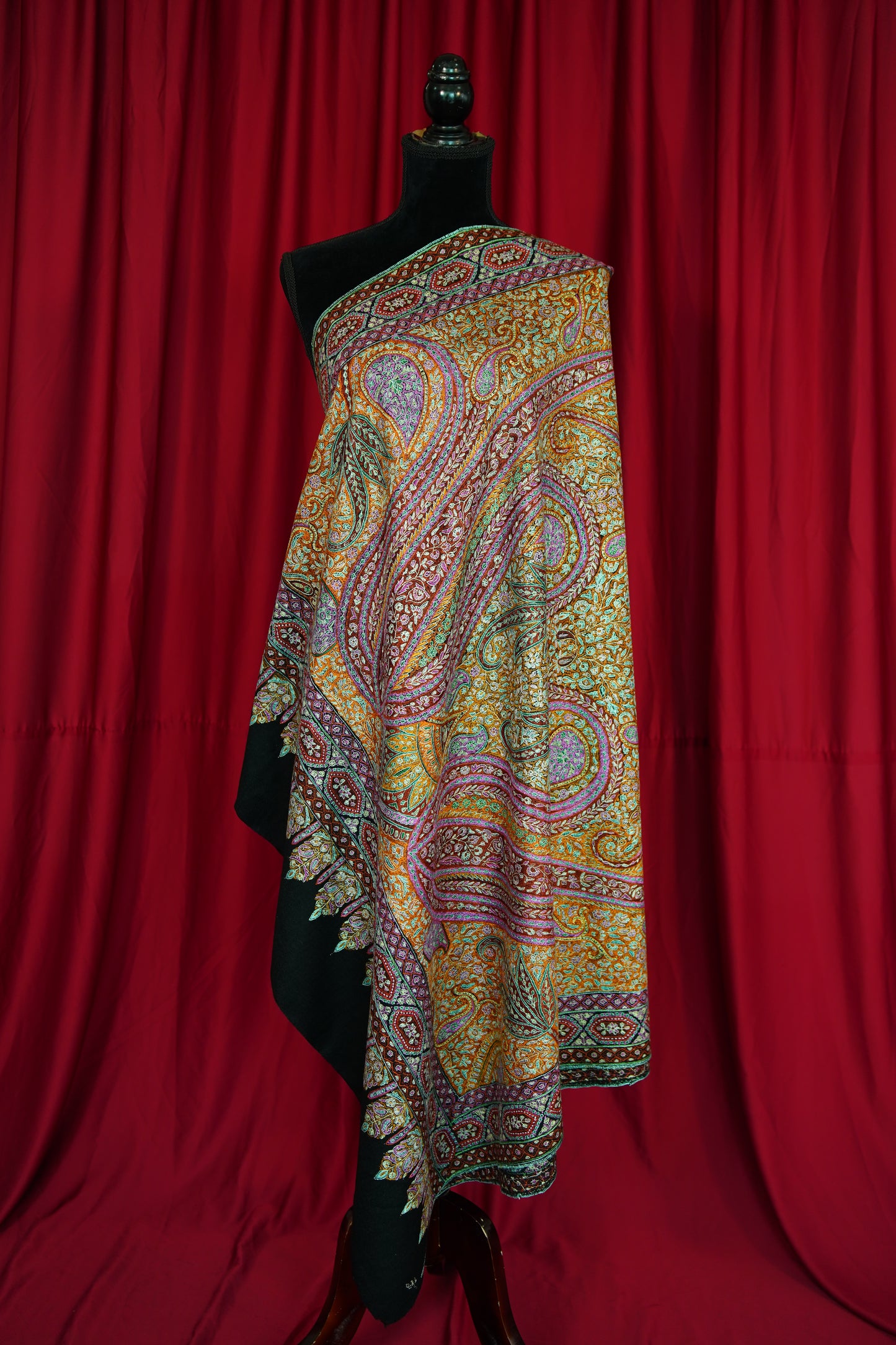 black multi-coloured GI embroidery pashmina shawl 9880