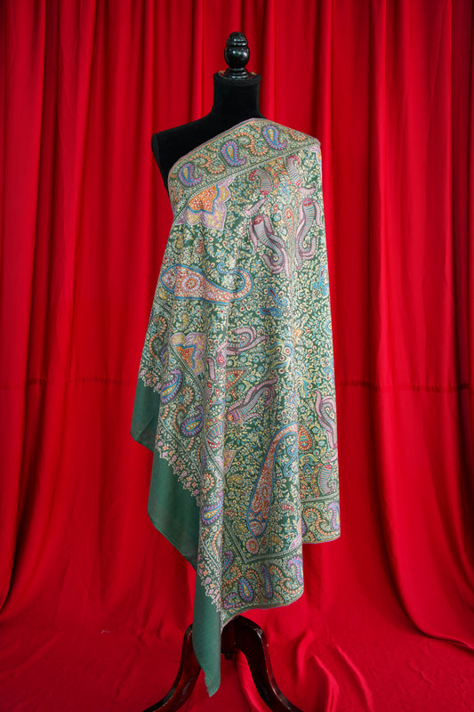 sea green multi-coloured GI embroidery pashmina shawl 9890