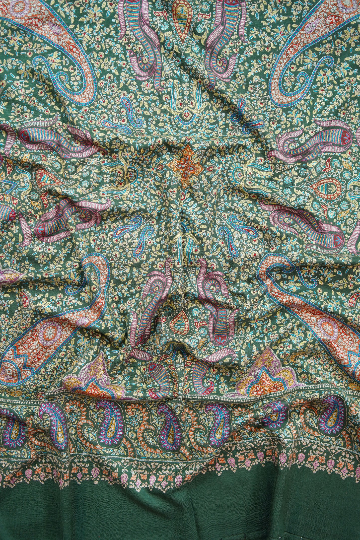 sea green multi-coloured GI embroidery pashmina shawl 9890