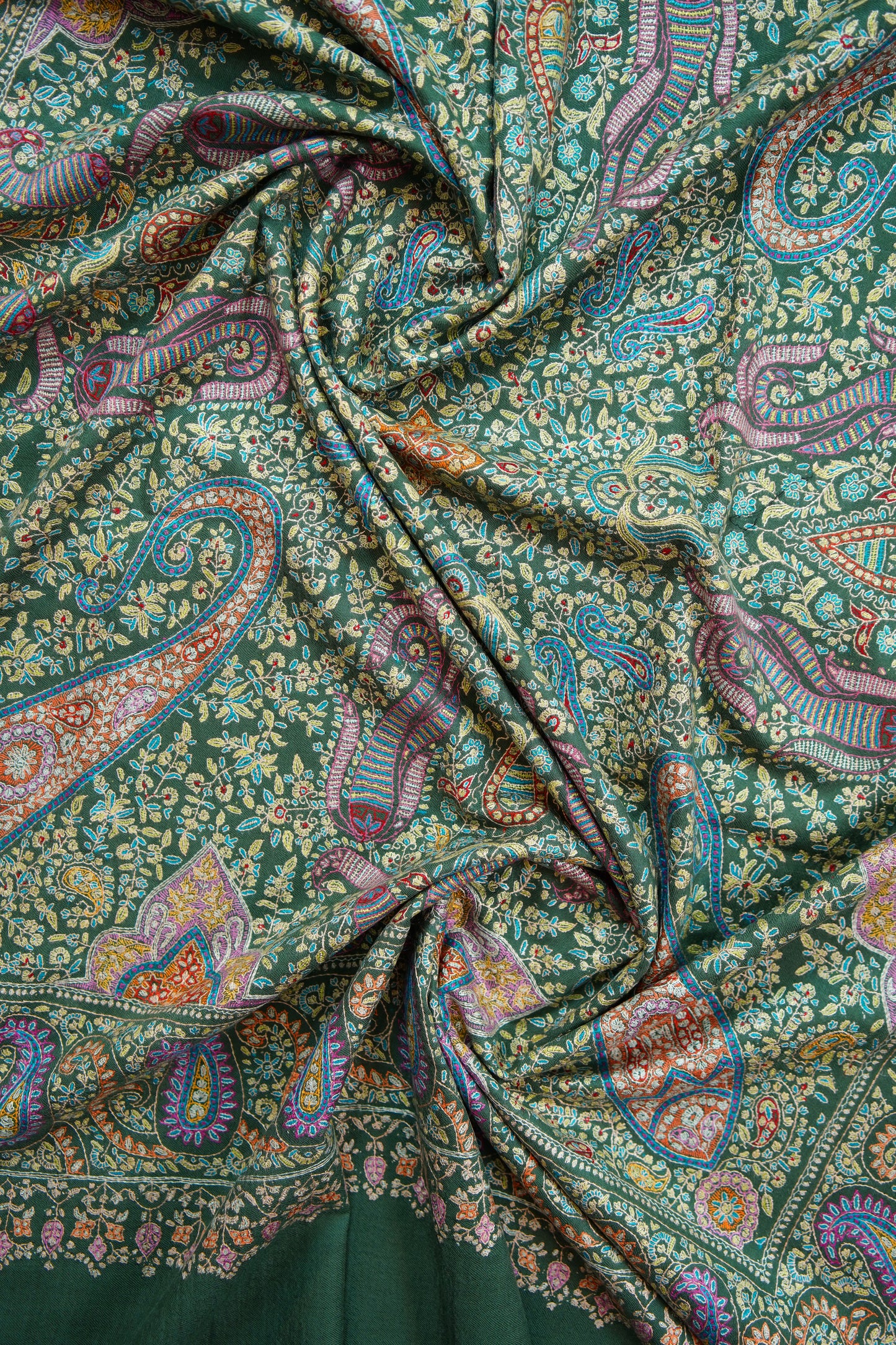 sea green multi-coloured GI embroidery pashmina shawl 9890