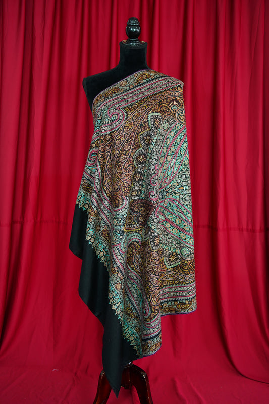 jet black multi-coloured GI jamma embroidery pashmina shawl 9892