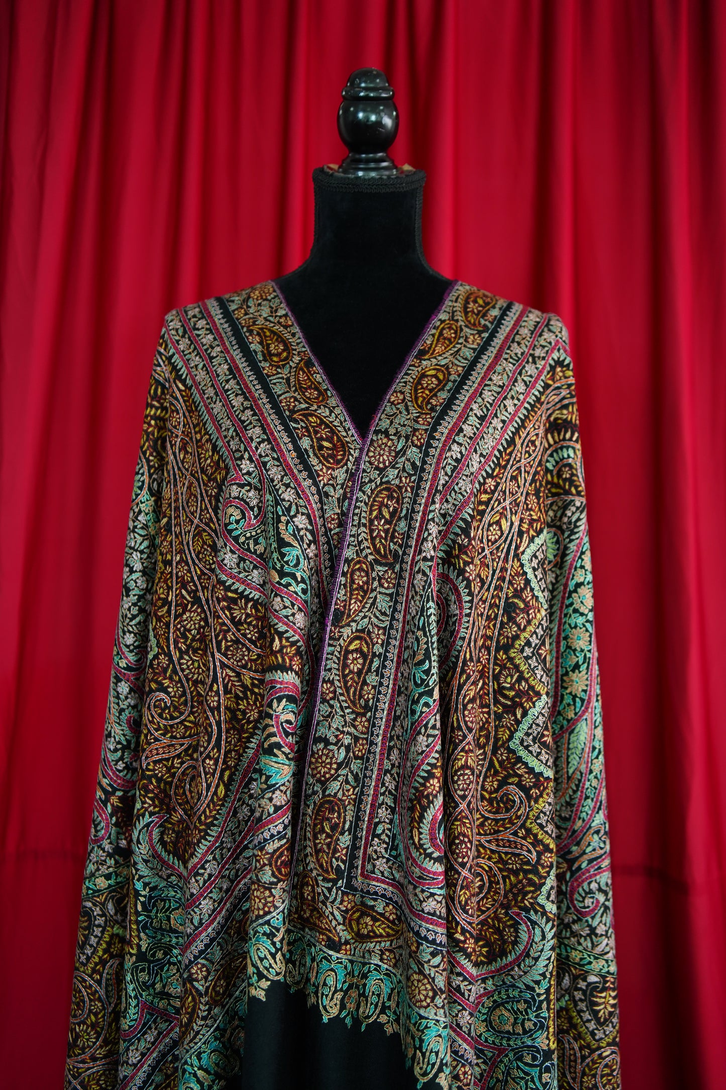 jet black multi-coloured GI jamma embroidery pashmina shawl 9892