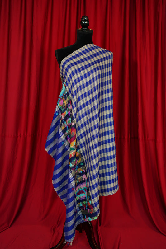 blue and natural checked GI kani palla pashmina shawl 9898