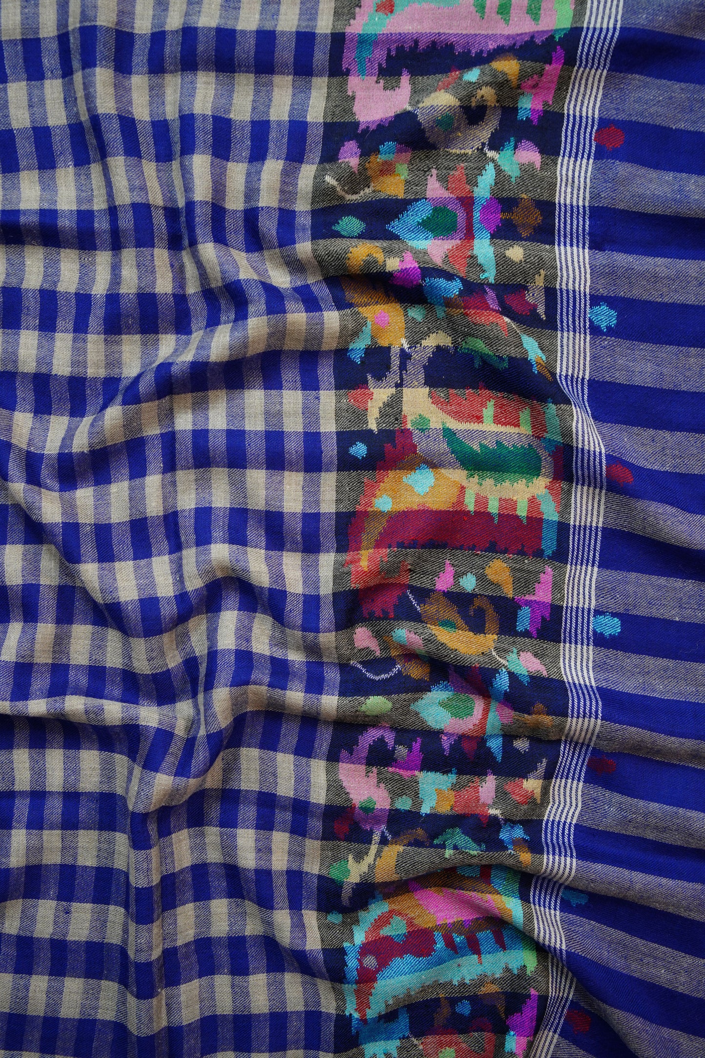 blue and natural checked GI kani palla pashmina shawl 9898