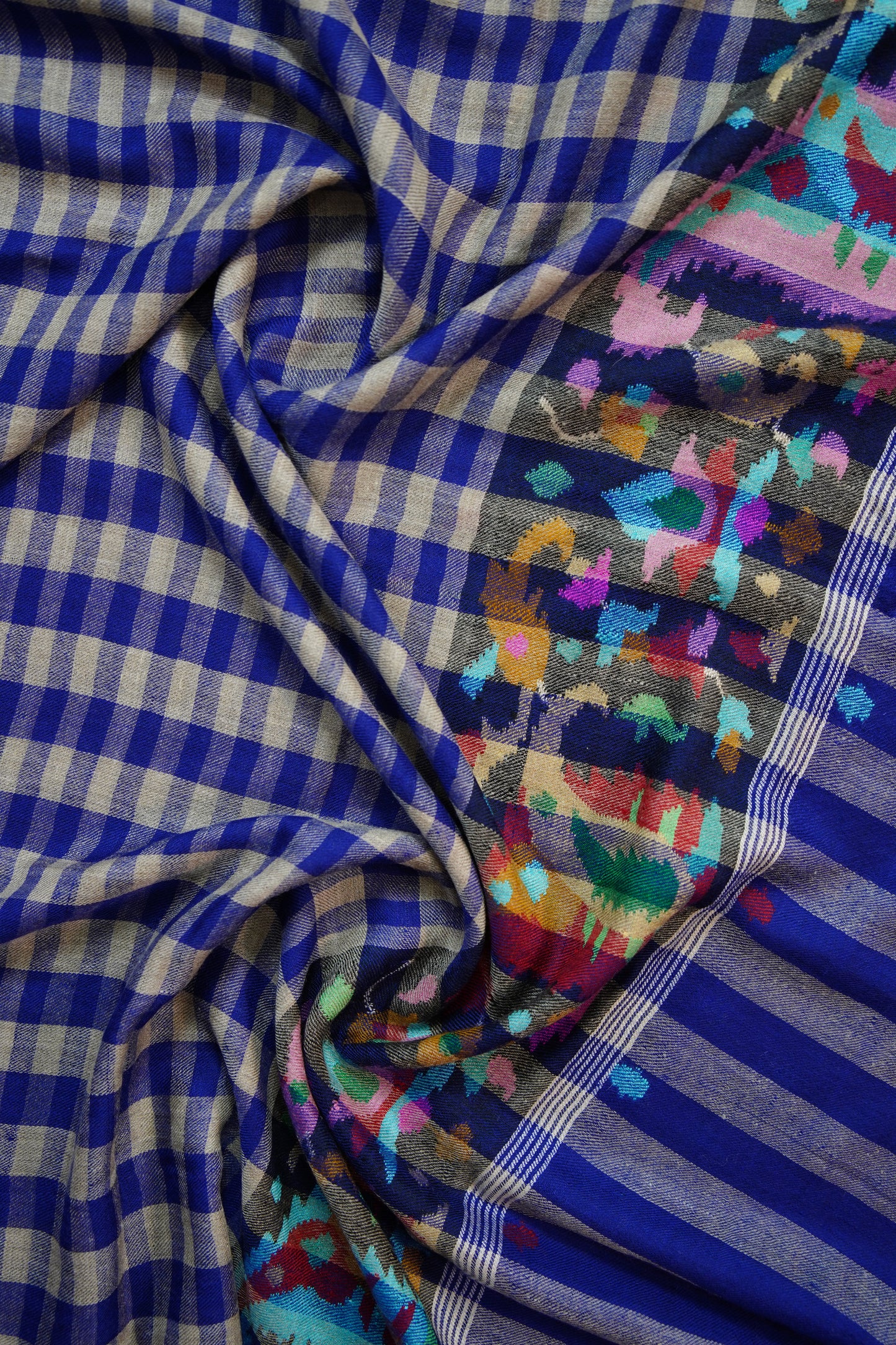 blue and natural checked GI kani palla pashmina shawl 9898