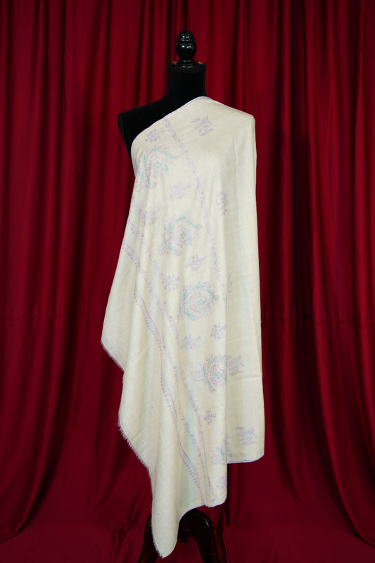 white GI embroidery pashmina shawl 9903