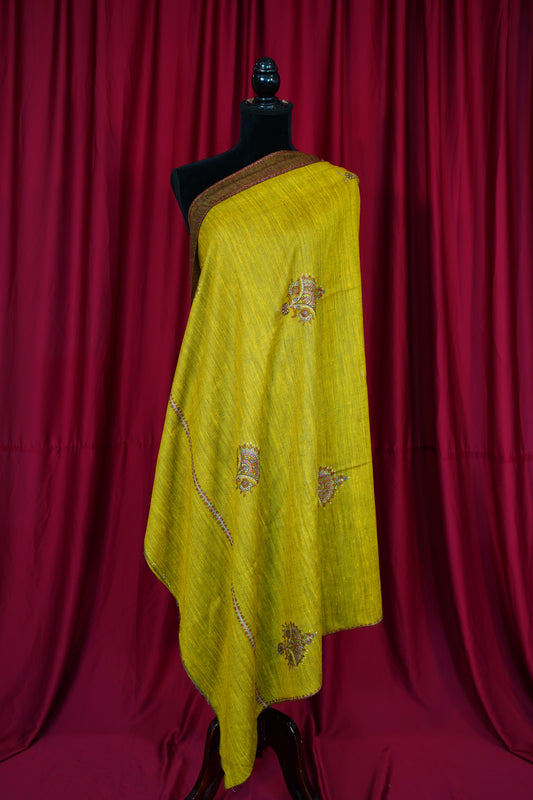 corn yellow and brown GI reversible embroidery pashmina shawl 9905