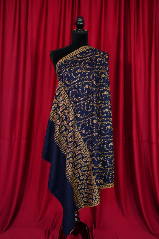 denim blue GI jaali embroidery pashmina shawl 9906