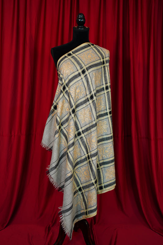 natural and black checked GI butis embroidery pashmina shawl 9908